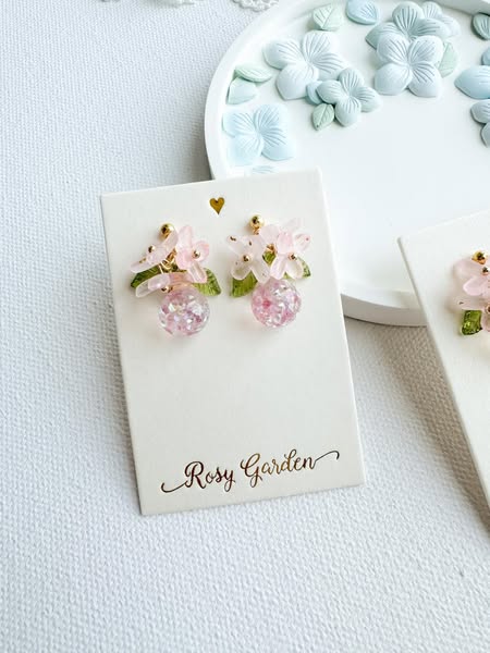 雨後粉紅繡球花 粉紅水晶球耳環