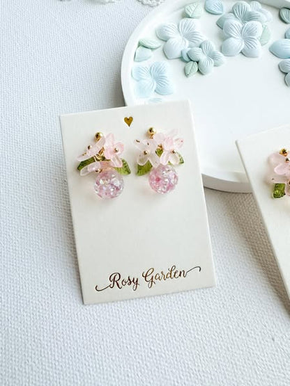 雨後粉紅繡球花 粉紅水晶球耳環