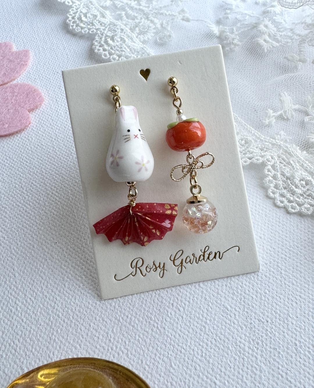 紅色賀年和風小兔子水晶球柿子耳環