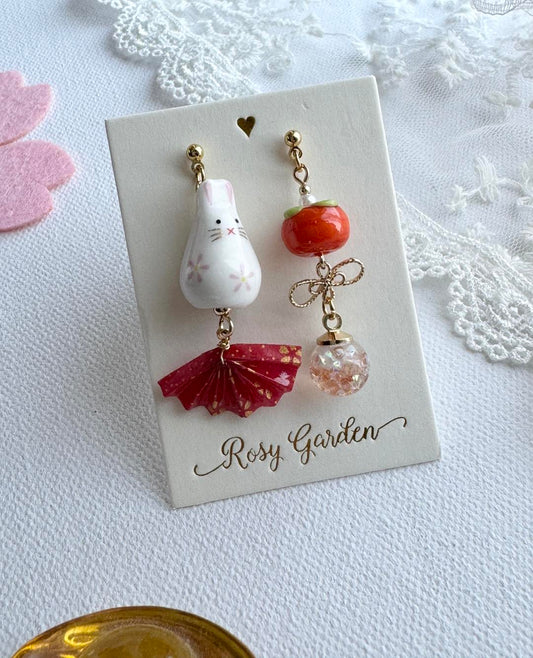 紅色賀年和風小兔子水晶球柿子耳環