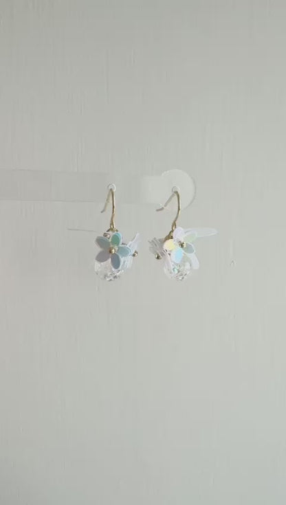 瑩蝶花綺 蝶翼幻彩白色水晶球耳環 可換耳夾