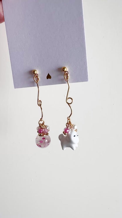 Rabbit Cherry Blossom Crystal Orb Earrings (Clip-ons Available) | Handcrafted in Hong Kong