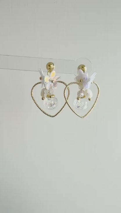 幻白花綺 心心幻彩白色水晶球耳環 可換耳夾