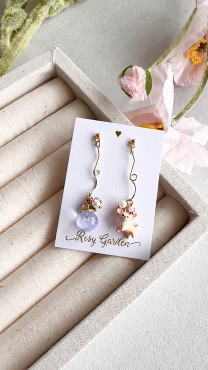 Rabbit Cherry Blossom Crystal Orb Earrings (Clip-ons Available) | Handcrafted in Hong Kong