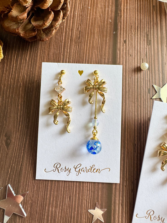 優雅節日水晶球耳環 蝴蝶結款 深藍色