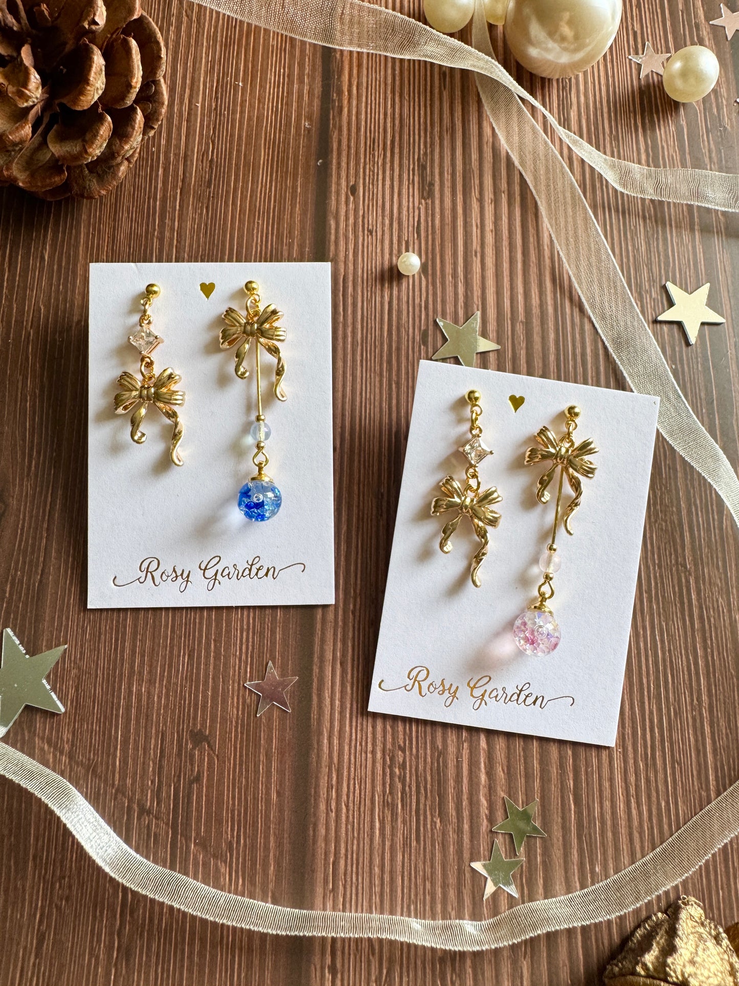 優雅節日水晶球耳環 蝴蝶結款